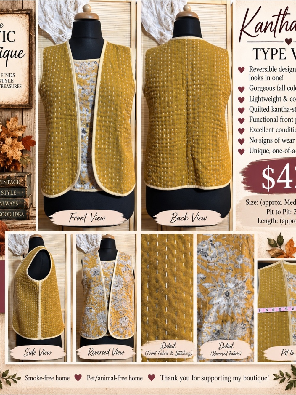 Reversible Quilted Kantha Vest in Mustard Yellow
